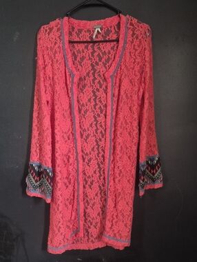 Gimmicks by BKE Womens Cardigan Lace Coral Long Sleeve Aztec Trim Open Front M